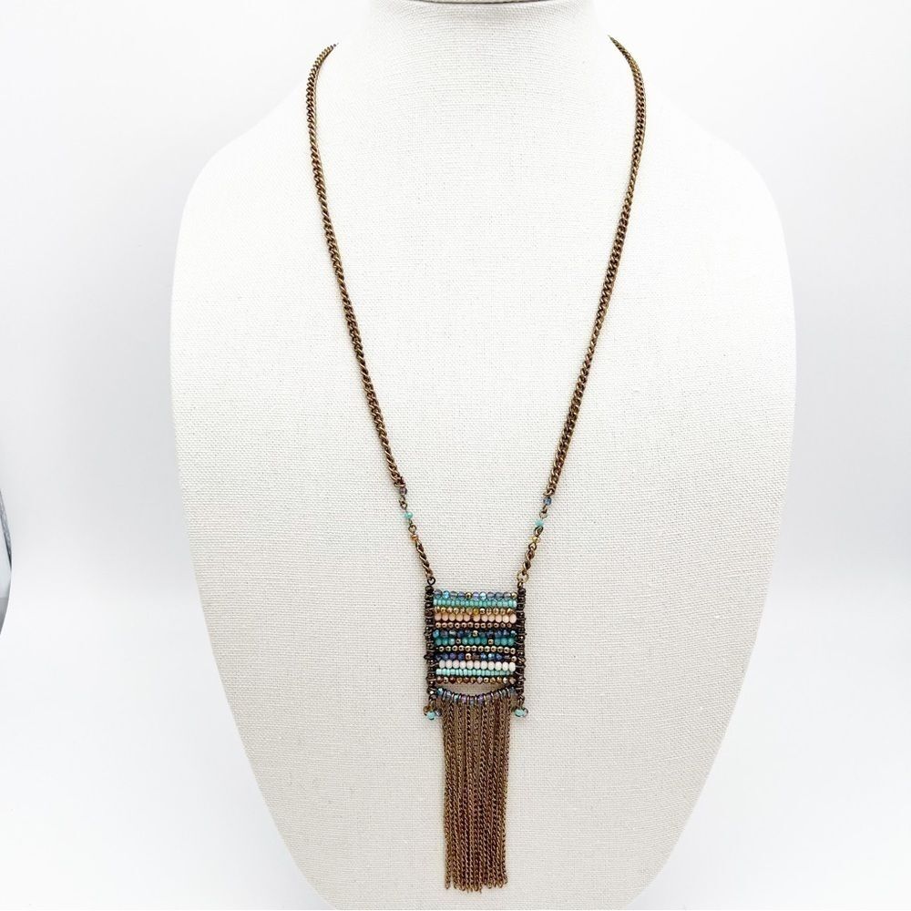 NEW Gold Tone Aqua Irridescent Seed Bead Tapestry Chain Tassel Long Necklace 30” - Picture 1 of 6